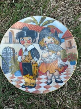 Decorative Child Couple Collector Plate - Colorful Folk Scene